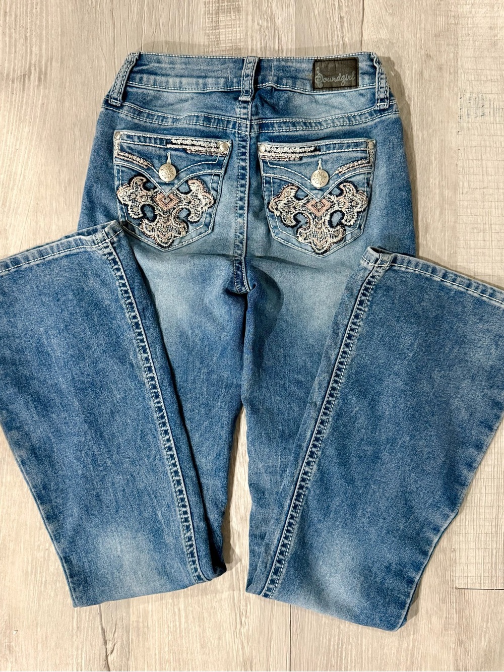 Soundgirl Blue Embroidered Back-Pocket Boot Cut Jeans